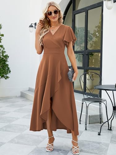 Image of Long Black Formal Dresses for Women Gowns Evening Party Cocktail Dress,Split Elegant V Neck Wrap Ruffle Wedding Guest Dresses
