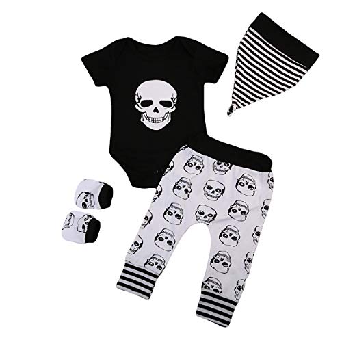 Image of 4PCS Infant Newborn Baby Boys Girl Skull Romper+Pants+Hat+Mitten or Headband Halloween Clothes Outfit Set