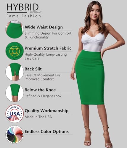 Image of Hybrid & Company Women's Premium Nylon Ponte Stretch High Waist Pencil Suit Skirt Below Knee