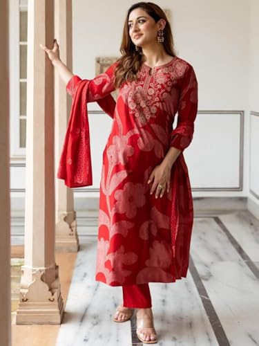 Image of ANNI Designer Bandhani Embroidery Kurta Plazzo Set with Dupatta - Women Kurta Sets for Women | Kurti Set for Women | Suit Set for Women Cotton