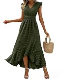 HUXRAKV Sommerkleid Damen Boho Kleid Lang 2026 Kleid Damen V-Ausschnitt Hohe Taille Rüschen Schlitz Für Strand Hochzeit Cocktail Party,Armeegrün,L