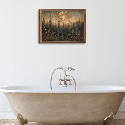 Vintage Moon Forest Wall Art, Dark Moonlight Pine Tree Flower Wall Decor, Rustic Mood Boho Canvas Paintings, for Bedroom Living Room Office Home Decor 24x16 in Wood Framed by ZDMBCY - Used condition - Image 4