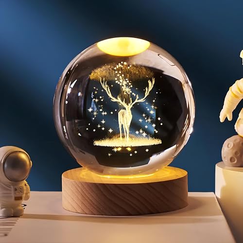 Image of 3D Deer Crystal Ball Night Lamp, Creative Engraved, USB Table LED Wooden Crystal Ball for Home Office Decoration Birthday Gift Adults (Deer)(Warm White)