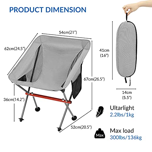 SHALLWE Ultralight Portable Camping Chair,Aviation Aluminum Frame Compact Folding Chairs,300lbs Capacity with Wide Feet and Storage Bag,Suitable for Camping,BBQ,Hiking,Beach,Lawn(Gray) - Image 3
