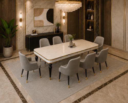 Image of 8 Seater Dining Table Set with Nano Composite Marble Top, Solid Wood Base & 8 Upholstered Chairs, Modern Dining Table Set for Home & Dining Room Furniture