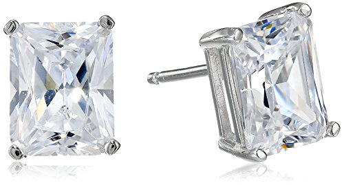 Amazon Collection Platinum Plated Sterling Silver Emerald Cut Cubic Zirconia Stud Earrings (4 cttw)