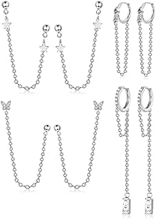 Kakonia 4 Pairs Chain Earrings Set for Women CZ Dangle Earrings Huggie Wrap Earrings with Chain Double Piercing Tassel Dangle Drop Chain Earrings Small Hoop Earrings With Long Chain Cuff Earrings