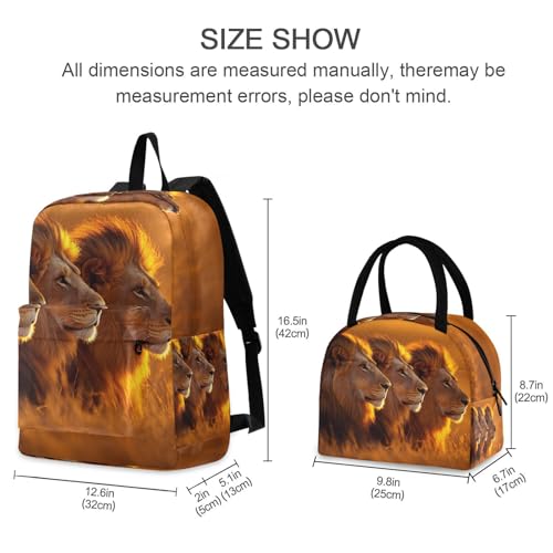 Backpack Lunch Box Set Large Capacity Travel Backpacks and Insulated Lunch Bag for Commute Hiking Picnic Male Lions Print2