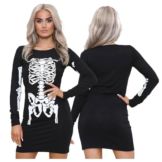 NOROZE Damen Frauen Halloween Skelett Schädel Knochen Rot Blut Herz Bodycon Kostüm Neuheit Party Kleid (40/42, Schwarz Skelett)