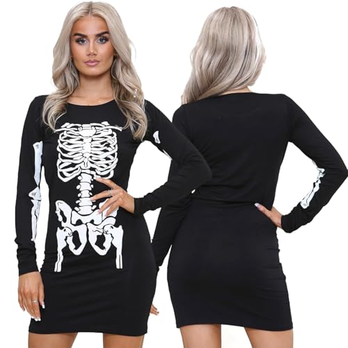 Robe squelette Halloween femme à motif os et cœur rouge pour soirée déguisée originale