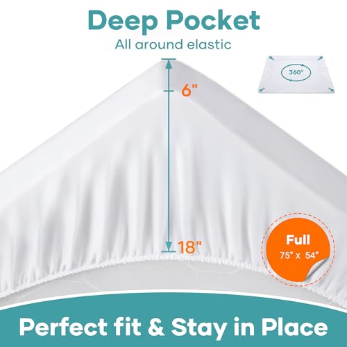 OhGeni 100% Waterproof Mattress Protector, Full Size, Fitted Sheet with Deep Pockets, 6''-18'', Premium Noiseless Breathable Soft Material, Mattresses Cover for Bed