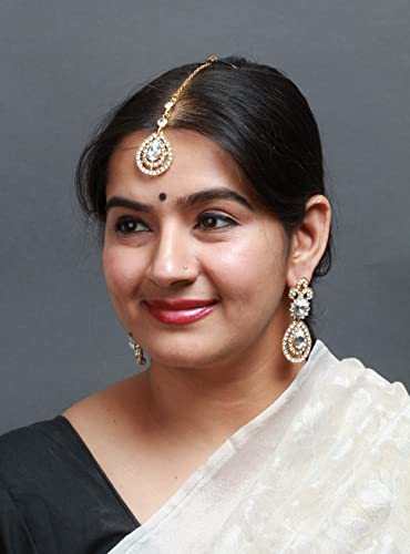 Bindhani Gold Toned Rhinestone Small Head Piece Maang Tikka With Earrings For Women #TOP5