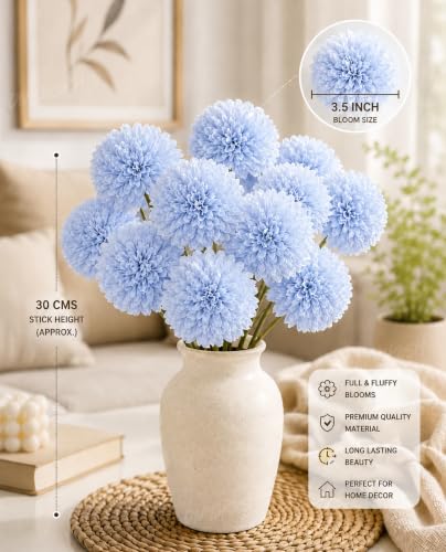 Image of Divyakosh Artificial Hydrangea Flower Sticks for Vase (Vase Not Included), Pack of 6, 3.5 Inch (8.9 cm) Large Bloom, Sky Blue Artificial Flowers for Home Decor, Decorative Artificial Dahlia Flowers