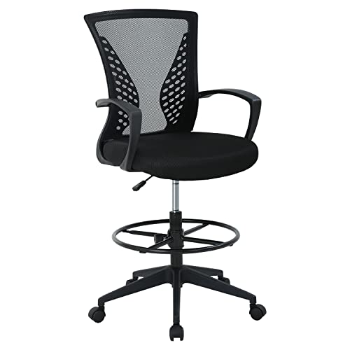 Drafting Chairs Adjustable Height With Fixed Armrests And Adjustable Foot-Ring, Tall Office Chair With 360 Degree Rotating Rolling Castors, Ergonomic Breathable Mesh High Office Chair For Adults #TOP8