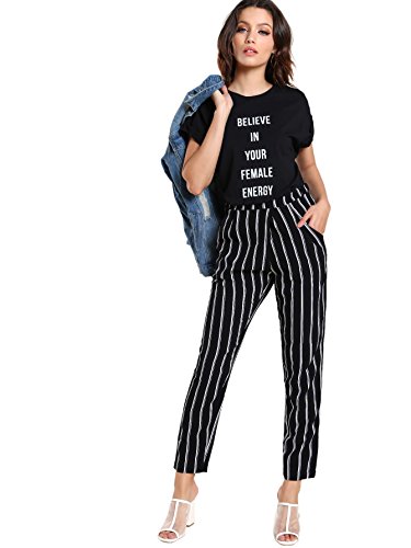 Sweatyrocks Women's Striped Elastic High Waist Slim Fit Loose Casual Long Pants Black White M #TOP4