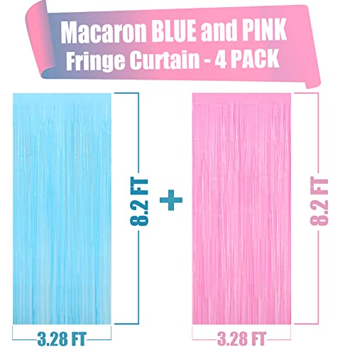 Image of 4 Pack Macaron Pink Blue Foil Fringe Curtain Backdrop, 3.28Ft x 8.2Ft Metallic Tinsel Foil Fringe Streamers for Photo Booth, Wedding Gender Reveal Backdrop Boy or Girl Birthday Party Decoration