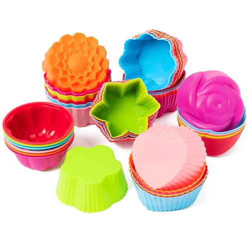 R HORSE 42 Pack Silicone Cupcake Molds - 2 Inch Mini Size Multi Flower-Shaped Baking Cups Non-Stick Donut Wrapper Mold Wrappers Holders Muffin Liners Washable for Pan Oven Microwave Dishwasher