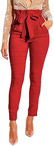 Ohvera Women's All Occasions Paper Bag Waist Pants Trousers with Tie Pockets Red XX-Large