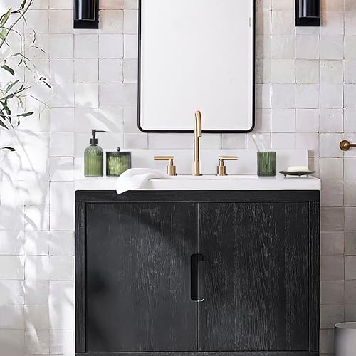 KMwares 4PCs Heavy Weight Decent Glass Bathroom Accessories Set with Decorative Pressed Pattern - Includes Hand Soap Dispenser & Tumbler & Soap Dish & Toothbrush Holder (Oliver Green) - Image 4