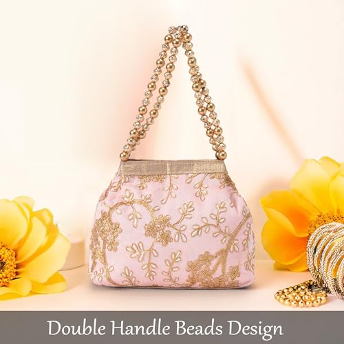 Image of Kuber Industries Pack of 2 Potli Bags for Ladies & Girls | Women Shagun Pouches for Festive Seasons | Bridal Purse | Moti Embroidery- Peach & Red