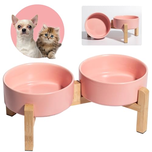 Gamelle Surélevée en Céramique pour Chien et Chat – Set de 2 Bols avec Support en Bambou – Idéal pour Nourriture et Eau – Gamelles Doubles pour...