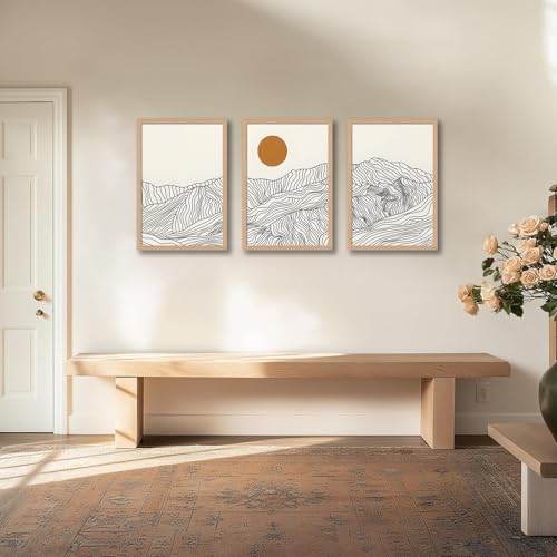 soonkiss Abstract Boho Sun Wave Line Mountain Landscape Wall Art Set of 3, Minimalist Beige Geometric Line Drawing Triptych with Light Wooden Frame for Living Room Bedroom 12x16 Inches by soonkiss - Image 4