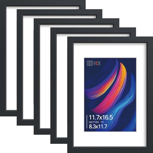Image of VCK A3 Picture Frame 5 Pack, Black Wood with A4 Mat, Glass, for Prints