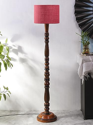 Image of Jute Modern Floor Lamp with Wooden Base - Height 56 Inches | Modern & Fashionable Standing Lamp for Living Room, Bedroom & Office | Stylish Home Decor Lighting in Elegant Pink Shade