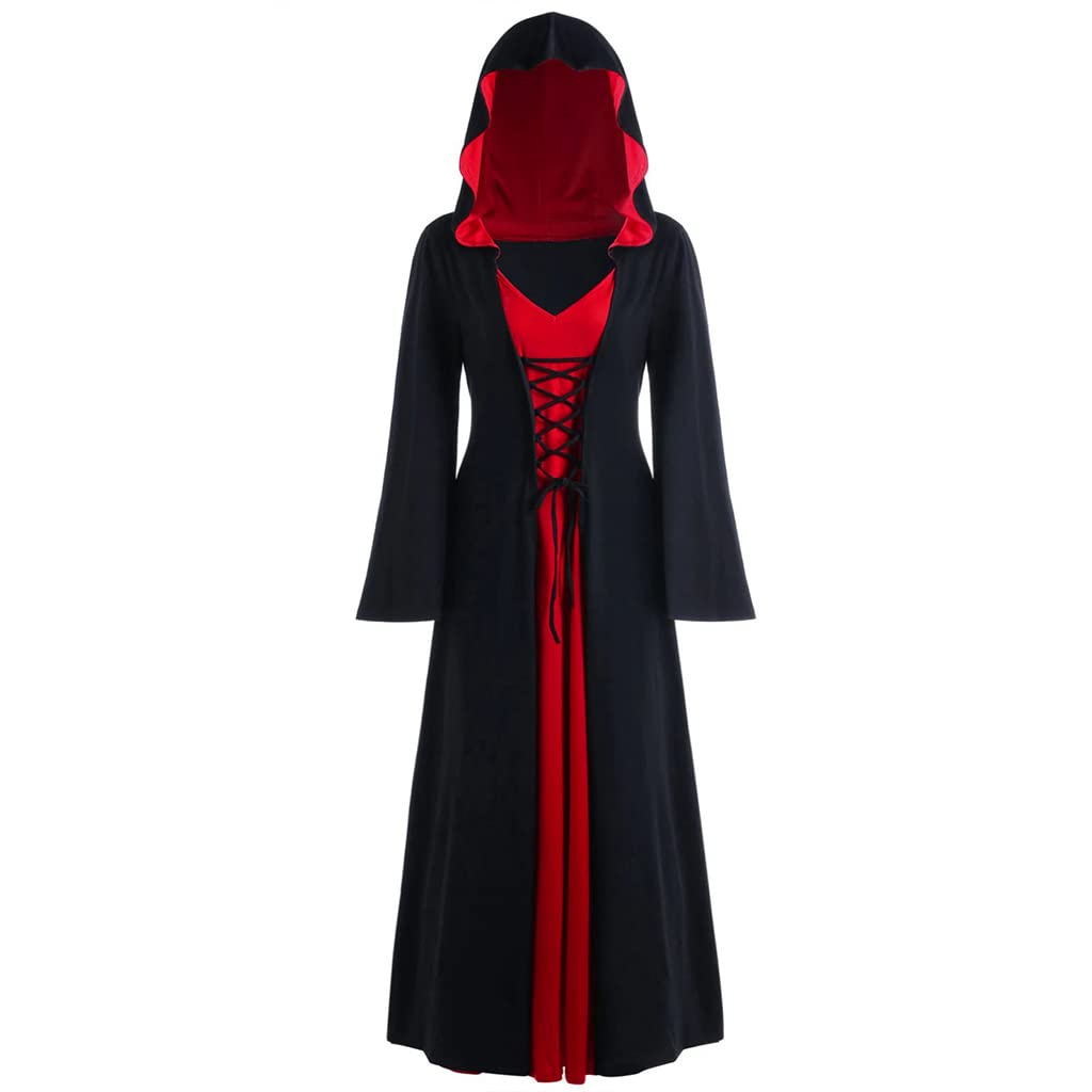 QEKFDOV Halloween Kostüme Vintage Hexenkleid Frauen,Mittelalter Kostüm Kapuze Maxi Kleid,Renaissance Halloween Vampir Hexe Kapuzenkostüm(B, M)