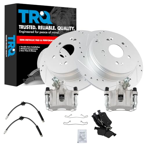 Image of TRQ Performance Rear Brake Pad and Rotor Set Semi Metallic Slotted Drilled G Coated Rotors Calipers Hoses Compatible with 2006-2008 Mazda 3 S 2007-2008 Mazda 3 MazdaSpeed