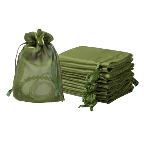 Image of QIANF 20 Pcs Moss Green Small Organza Bags 4X6 inch for Wedding Favors with Drawstring, Mini Mesh Gift Bags Jewelry Pouch for Candy Bridal Shower Party Favor Baby Shower Christmas