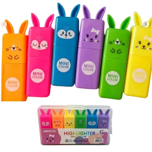 Marcadores de Texto Mini, 6 Cores, Formato Coelho com Estojo, Design Kawaii