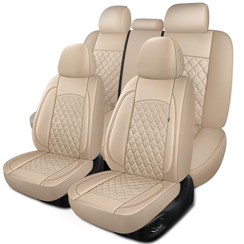 HChengkikz Car Seat Covers Full Set Breathable and Waterproof Napa Leather Car Seat Cover Interior Universal Fit for Cars Sedans SUVs Vans Trucks (Full Seat Beige)