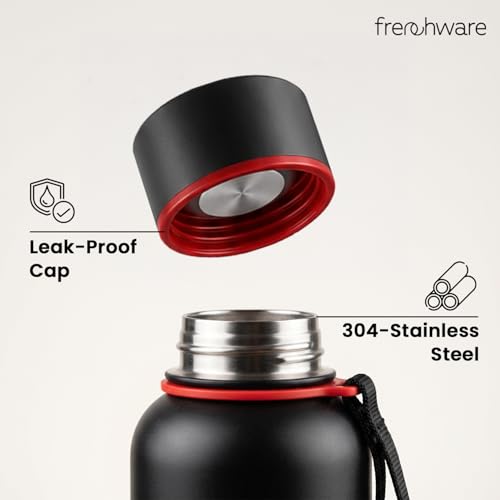 Image of Frenchware Stainless Steel Vacuum Insulated Delta Water Bottle, 900 ml | Thermos Flask, 24Hrs Hot & Cold, Leakproof, Aluminum Coating, Black