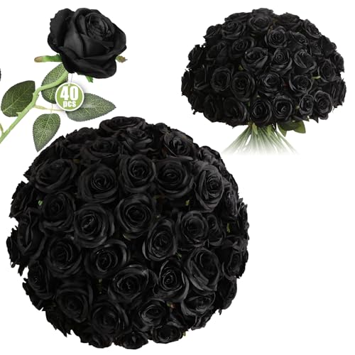 Luyue 40PCS Black Roses Artificial Flowers - Long Stem Fake Roses Bouquet Silk Flowers Artificial Black Rose for Wedding Centerpiece Home Decor & Valentines Floral Arrangement