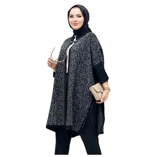 Elegante capa de murciélago para mujer con patrón texturizado negro y gris, elegante ropa de abrigo para ocasiones casuales y formales, añade un toque sofisticado a cualquier atuendo, ideal para otoño