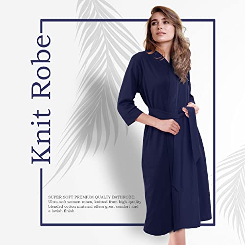 NY Threads Luxuriöser, leichter Damen-Bademantel/Frauen Morgenmantel aus weichem Poly-Baumwollstrick, Mittel, Marineblau