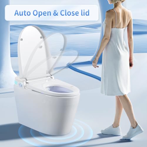Inodoro inteligente sin tanque con bidé integrado, asiento de inodoro de una pieza, descarga automática, apertura y cierre automáticos, asiento calefactado, agua tibia y secado, temperatura ajustable, control remoto y botones laterales miniatura 3