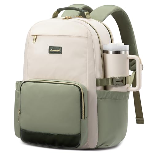 Image of LOVEVOOK Laptop Backpack for Women with Pouch Pocket for Large Capacity Cup,15.6 Inch Laptop Computer Bag Travel Backpack Purse,Waterproof Work College Teacher Bags,White-Bean Green-Dark Olive Green
