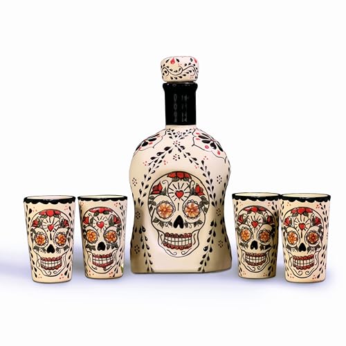 Handmade Tequila Decanter Set, Authentic Tequila Gifts for Men, Set includes Talavera Ceramic Bottle & 4 Shot Glasses. Made in Mexico.