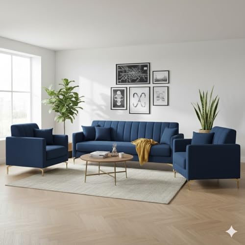 Image of 3+1+1 Seater Velum Fabric Sofa Set for Living Room, Modern Design with High Density Foam, Solid Wood Frame, Ergonomic Comfortable Seating for Home & Office (Blue, 3+1+1) | Soft foam comfort, Strong wood frame
