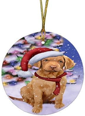 Santa Sled Dogs Chesapeake Bay Retriever Christmas Round Flat Ornament - Pet Decorative Hanging Ornaments for Christmas X-mas Tree Decorations - 2.75" Round Flat Ceramic Christmas Ornament POR1574