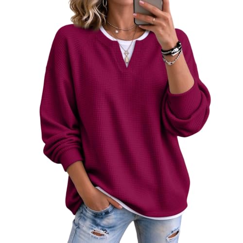Waffle Shirt Women Faux Layered V Neck Waffle Knit Henley Tops for Women - image 1