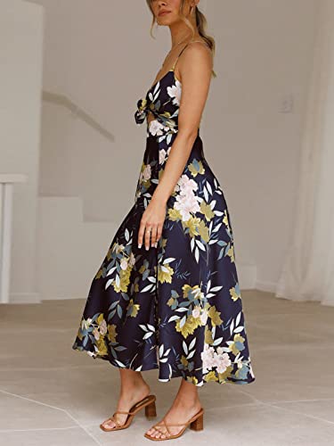 Image of Fashionme Women Spaghetti Strap Midi Satin Dresses Tie Front Backless Slit Cutout Dress Semi-Formal /Casual Flowy Lightweight