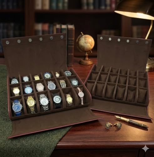 Image of essart 18-Slot Travel Watch Organizer - Elegant PU Leather Watch Roll for Collectors, Scratch-Proof & Portable Storage in Croco-Maroon Color