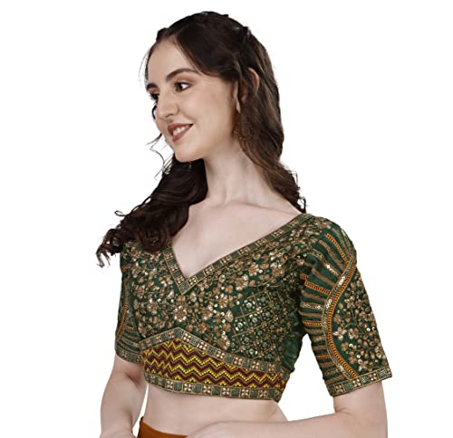 Image of Pujia Mills Mills Women's Fancy Readymade Heavy Coding Embroidary Worked Half Sleeve Multicolor Saree Blouse(Mushroom)