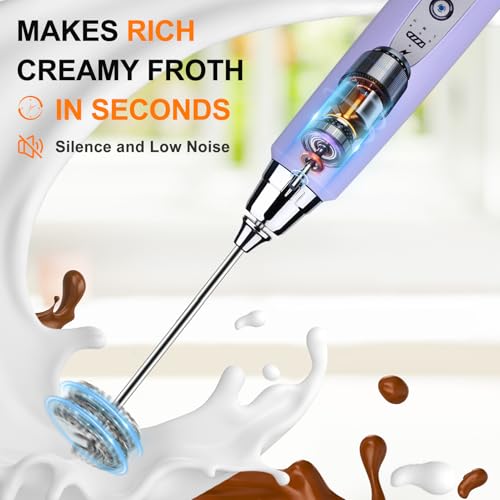 Image of YUSWKO Light Purple Handheld Milk Frother Wand for Coffee, Rechargeable Electric Whisk with 3 Heads 3 Speeds Drink Mixer Coffee Frother For Latte, Cappuccino, Hot Chocolate, Egg