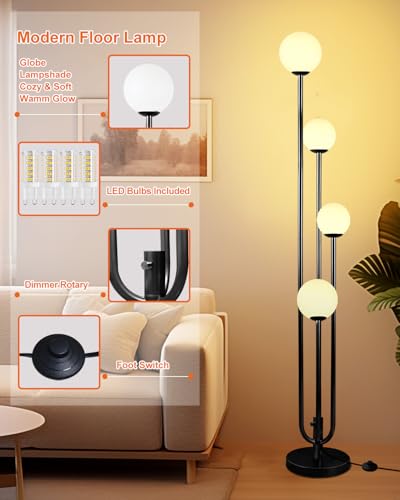 Image of Lightdot Black Globe Floor Lamp 4-Lights Dimmable Floor Lamps with Tray 3000K Bulbs Included Unique Candle Standing Lamp with 5Lbs Heavy Base for Living Room /Bedroom /Sofa Beside /Corner Decor