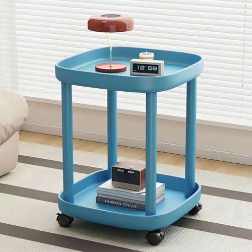 KEJIAWU Tavolino rotondo con rotelle, comodino in plastica, tavolino rotondo, con rotelle bloccabili, per soggiorno, camera da letto, balcone, terrazza (Color : Blue)