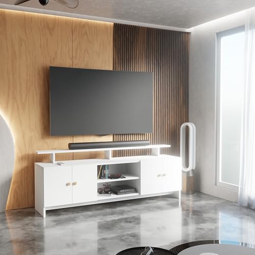 Image of Ansicraft Modern TV Unit for Living Room | Wooden TV Cabinet with Open Shelf & Storage | Entertainment Unit | Assembly-DIY | Color-White